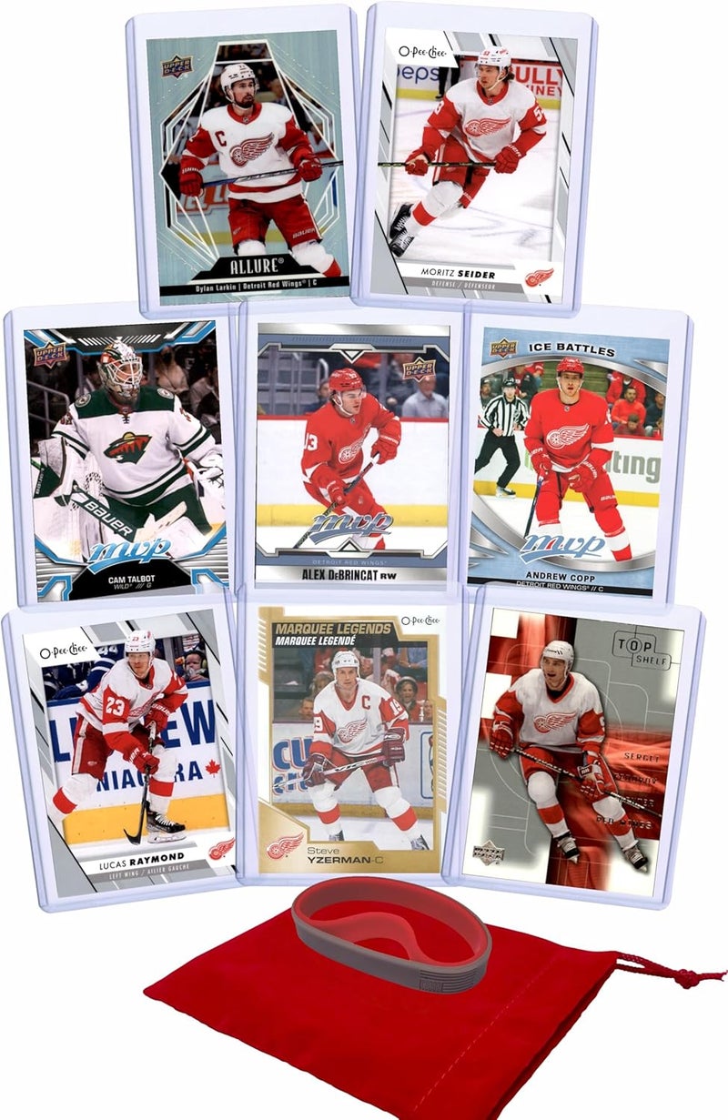 Chaser Detroit Red Wings Cards: Dylan Larkin, Moritz Seider, Cam Talbot, Alex DeBrincat, Andrew Copp, Lucas Raymond, Sergei Fedorov, Steve Yzerman ASSORTED Hockey Stars & GOATs Trading Card & Wristbands Gift Pack - Image 1
